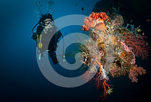 Diver on the reef at Tulamben, Bali