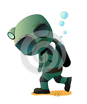 Diver in retro scuba gear goes sad. Guy in underwater suit bottom of pond. Funny cartoon style. Extreme sports. Person