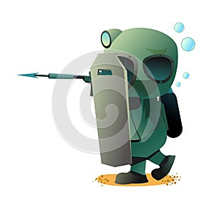 Diver in retro scuba gear hunts.. Guy in underwater suit bottom of pond. Funny cartoon style. Extreme sports. Person in