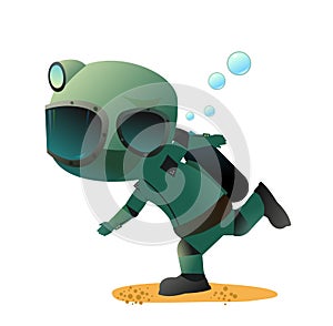 Diver in retro scuba gear running slowly. Guy in underwater suit bottom of pond. Funny cartoon style. Extreme sports