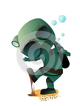 Diver in retro scuba gear stepped on dirt. Guy in underwater suit bottom of pond. Funny cartoon style. Extreme sports