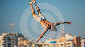 Diver s precise mid air pose at summer olympics, exemplifying grace in dive sport concept photo