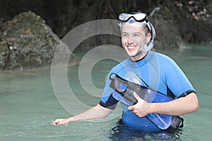 Diver smiling in ocean cavern