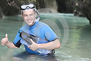 Diver smiling in ocean cavern