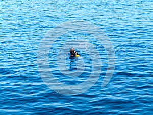 Diver stuck his head out of the water.