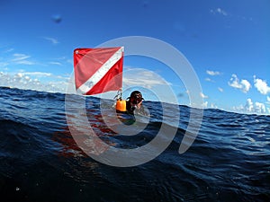 Diver at surface with dive flag