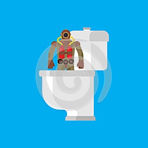 Diver from toilet. Retro Underwater diver in WC. Vector illustration