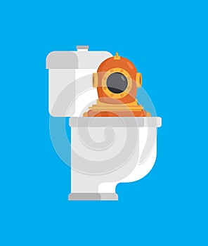 Diver from toilet. Retro Underwater diver in WC. Vector illustration