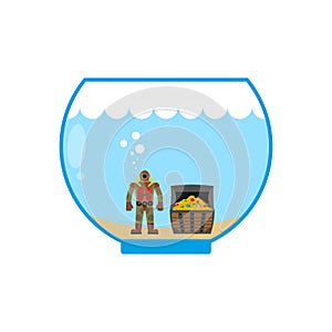 Diver and treasure chest in Aquarium. Miniature figures in water