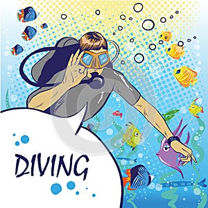 Diver under water with aqualung pop art style vector illustration with fishes