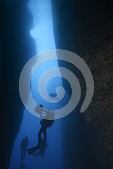 Diver in underwater canyon photo