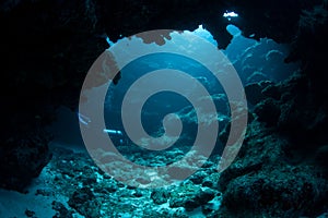 Diver and Underwater Cavern