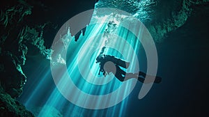 Diver underwater in light rays from the surface