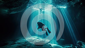 Diver underwater in light rays from the surface