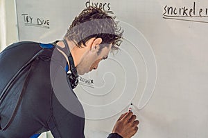 Diver writes a marker on the board