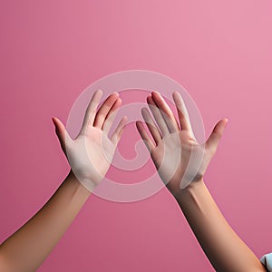 Diverging Paths: Close-Up of Pink Hands Pointing in Different Directions on Pastel Blue Background