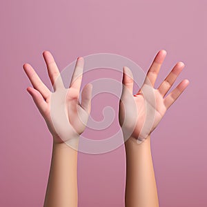 Diverging Paths: Close-Up of Pink Hands Pointing in Different Directions on Pastel Blue Background