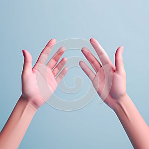 Diverging Paths: Close-Up of Pink Hands Pointing in Different Directions on Pastel Blue Background
