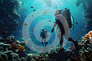 Divers collect debris around corals and underwater fish. World Ocean Day. Environmental pollution concept.