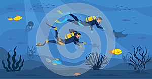 Divers with diving equipment swim in the sea. Seascape banner with people underwater. Characters wearing wetsuit with oxygen tanks