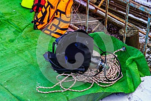 Divers equipment for rescuing people on the pier in late autumn or early spring. Background with copy space