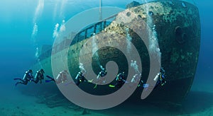 Divers explore sunken shipwreck underwater