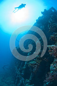 Divers exploring a large shipwreck