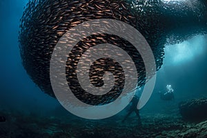 Divers photograph a huge bait ball of Stripped Salema fish, Galapagos