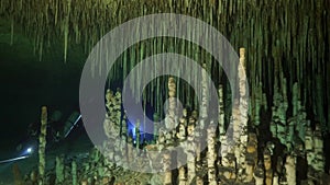 Divers in rocks of underwater cave Yucatan Mexico cenotes.