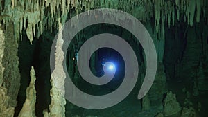 Divers in rocks of underwater cave Yucatan Mexico cenotes.