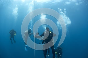 Divers on safetystop on buoy, Croatia