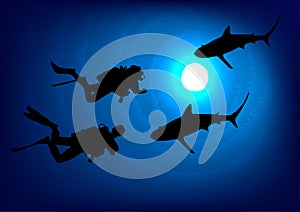 Divers and sharks in the depths. Vector.