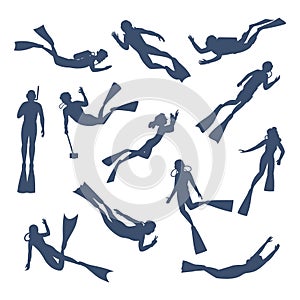 Divers silhouettes. Scuba diving, snorkeling characters with tools and equipment for underwater explore and swimming
