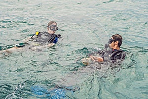 Divers on the surface of water ready to dive