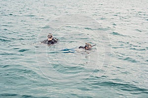 Divers on the surface of water ready to dive