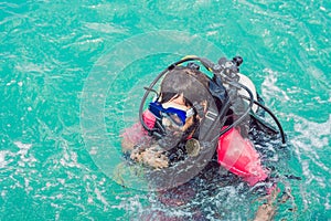 Divers on the surface of water ready to dive