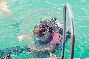 Divers on the surface of water ready to dive