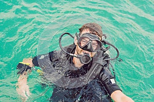 Divers on the surface of water ready to dive