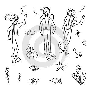 Divers with underwater fish and plant. Vector set.