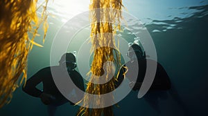 Divers underwater at a seaweed farm, inspecting and maintaining the floating rows of kelp