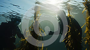 Divers underwater at a seaweed farm, inspecting and maintaining the floating rows of kelp