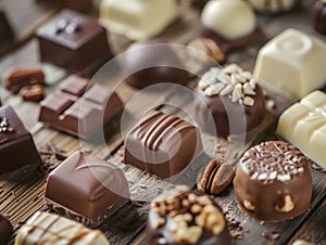 a diverse array of crafted chocolates, each elegantly designed with nuts arranged on a vintage wooden