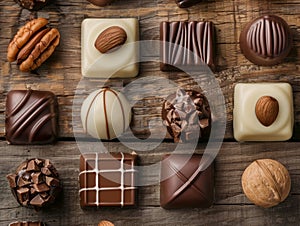 a diverse array of crafted chocolates, each elegantly designed with nuts arranged on a vintage wooden