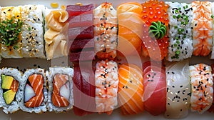 Diverse Array of Japanese Sushi on a Plate, Featuring Maki and Nigiri Varieties