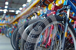 Diverse assortment of new bicycles available at a cycle sports store for a wide range of choices