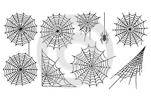 Collection of various spider web designs and a spider, isolated on transparent background