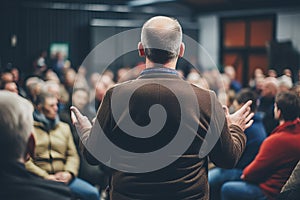 Diverse audience at conference hall, speaker delivering engaging talk at business event