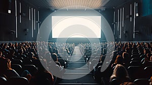 Diverse audience eagerly waiting in anticipation in a cinema hall with an empty movie screen