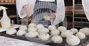 Diverse bakers working in bakery kitchen, sprinkling poppy seeds on rolls in slow motion