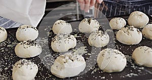 Diverse bakers working in bakery kitchen, sprinkling poppy seeds on rolls in slow motion